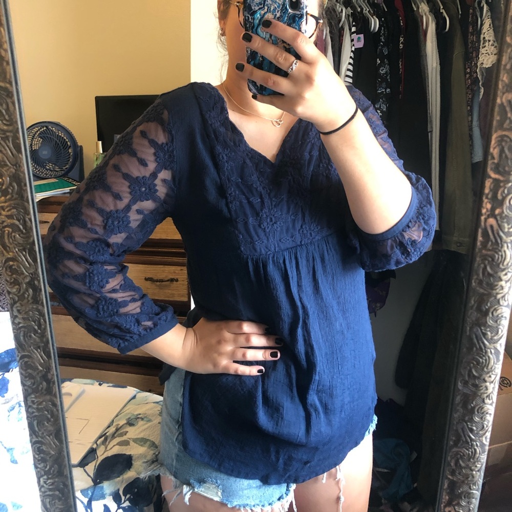 Navy Blue Lace Boho Women’s Blouse Long Sleeved